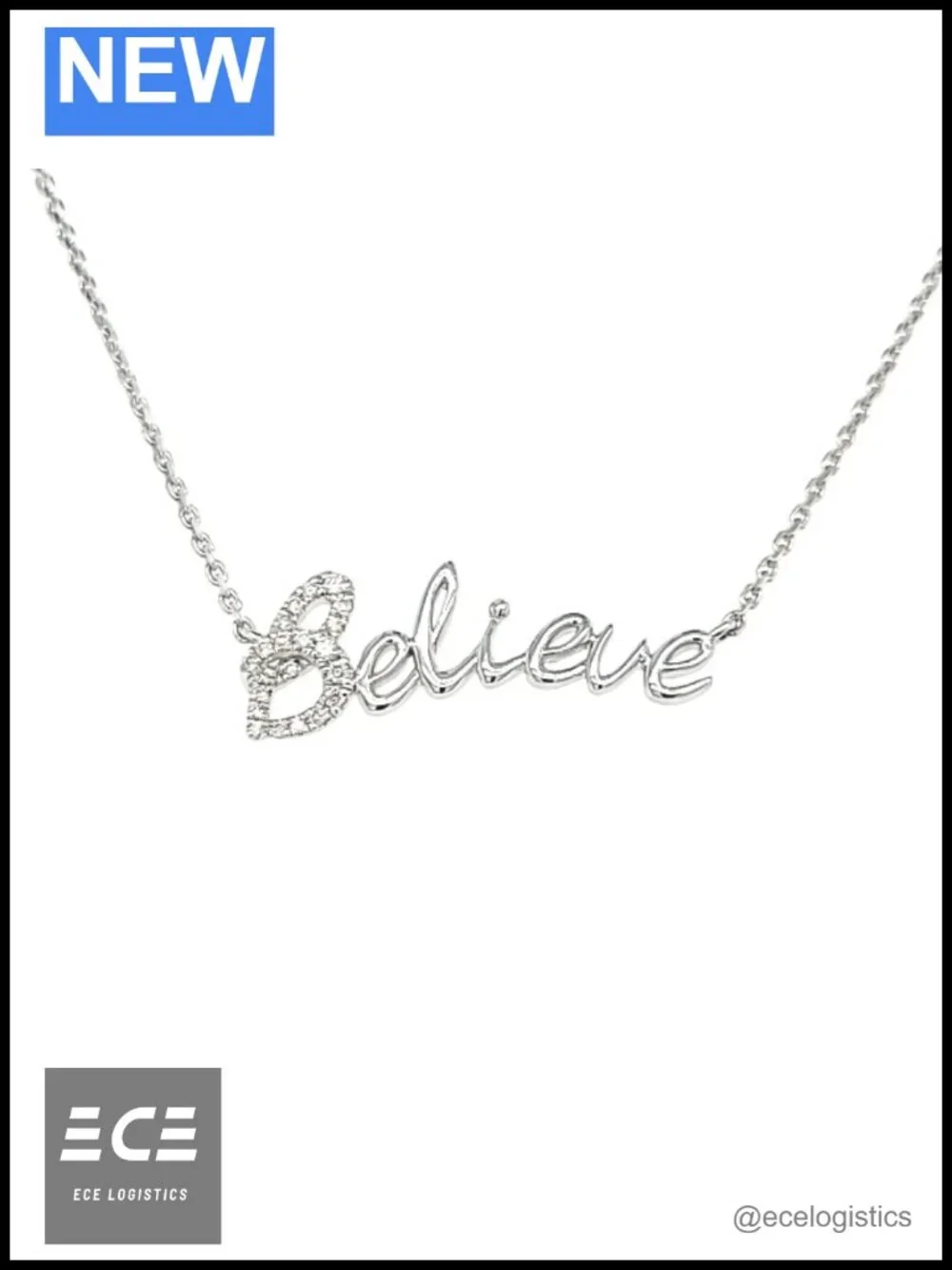 Sterling Silver Diamond Believe Necklace 18in Chain with 2in Extender